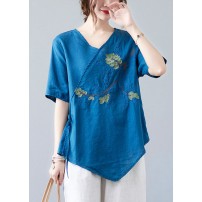 Women Blue Asymmetrical  Shirt Tops Half Sleeve